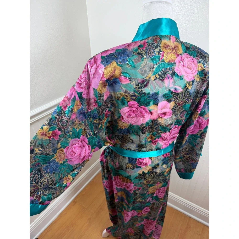 Inner Most Sears Vintage Long Floral Kimono Robe Teal‎ Trim Sheer Women Size L